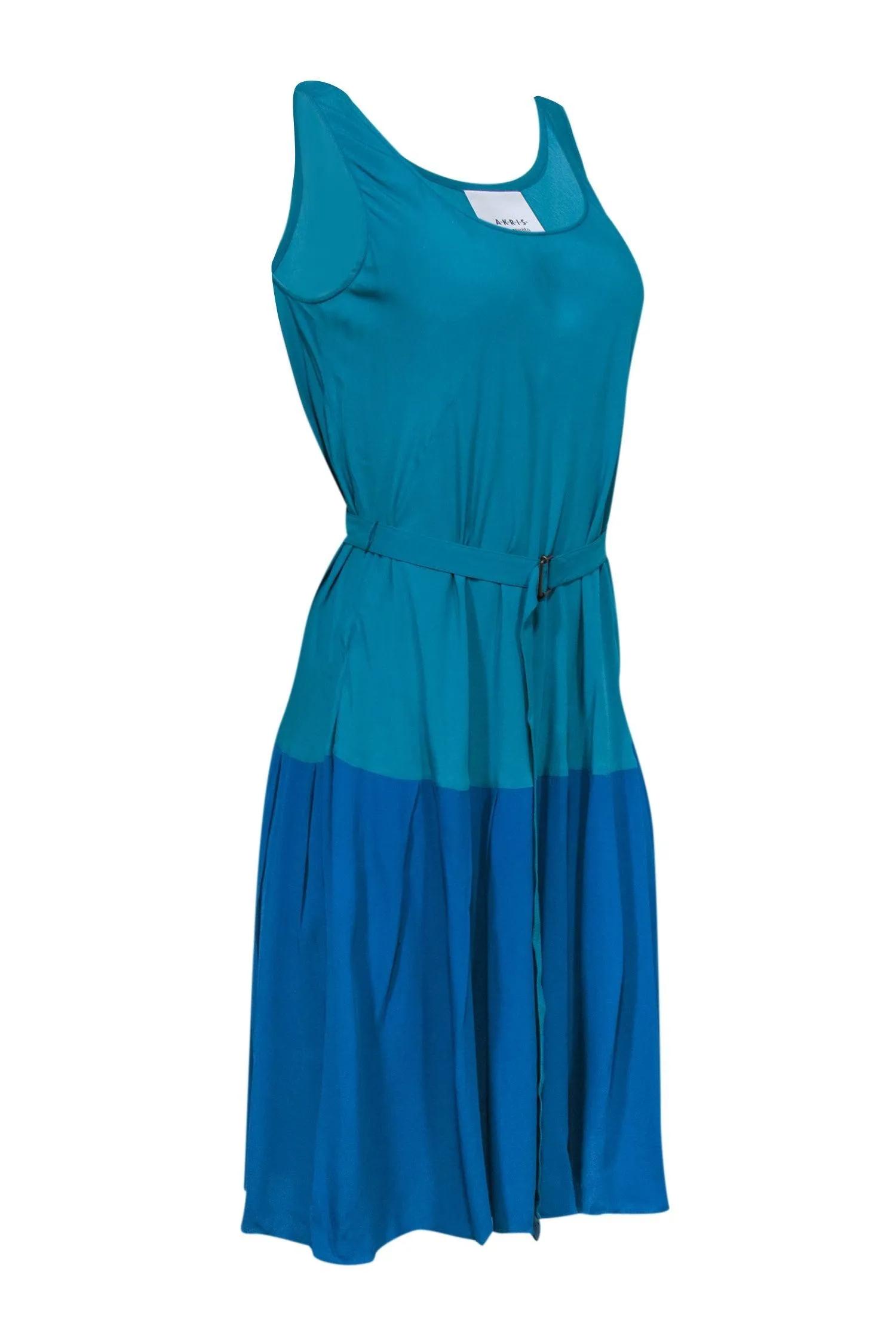 Akris Punto - Teal & Blue Colorblock Silk Blend A-Line Dress w/ Belt Sz 8