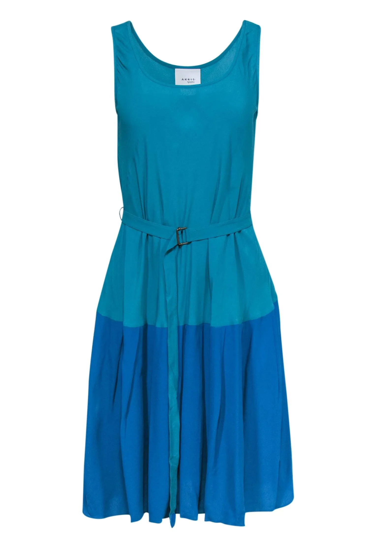 Akris Punto - Teal & Blue Colorblock Silk Blend A-Line Dress w/ Belt Sz 8