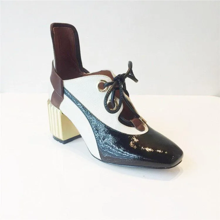 Fashion Leather Square Toe Colorblock Chunky Heel Ankle Boots