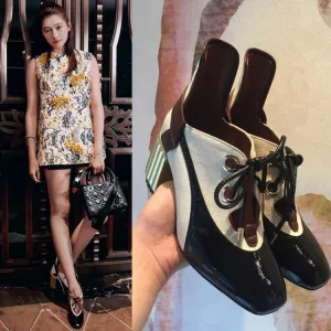 Fashion Leather Square Toe Colorblock Chunky Heel Ankle Boots
