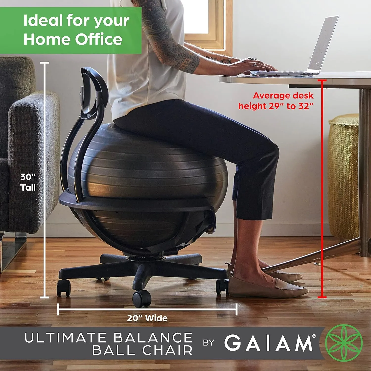 Gaiam Ultimate Balance Ball Chair (Standard or Swivel Base Option) - Premium Exercise Stability Yoga Ball Ergonomic Chair for Home and Office Desk - 52Cm Anti-Burst Ball, Air Pump, Exercise Guide