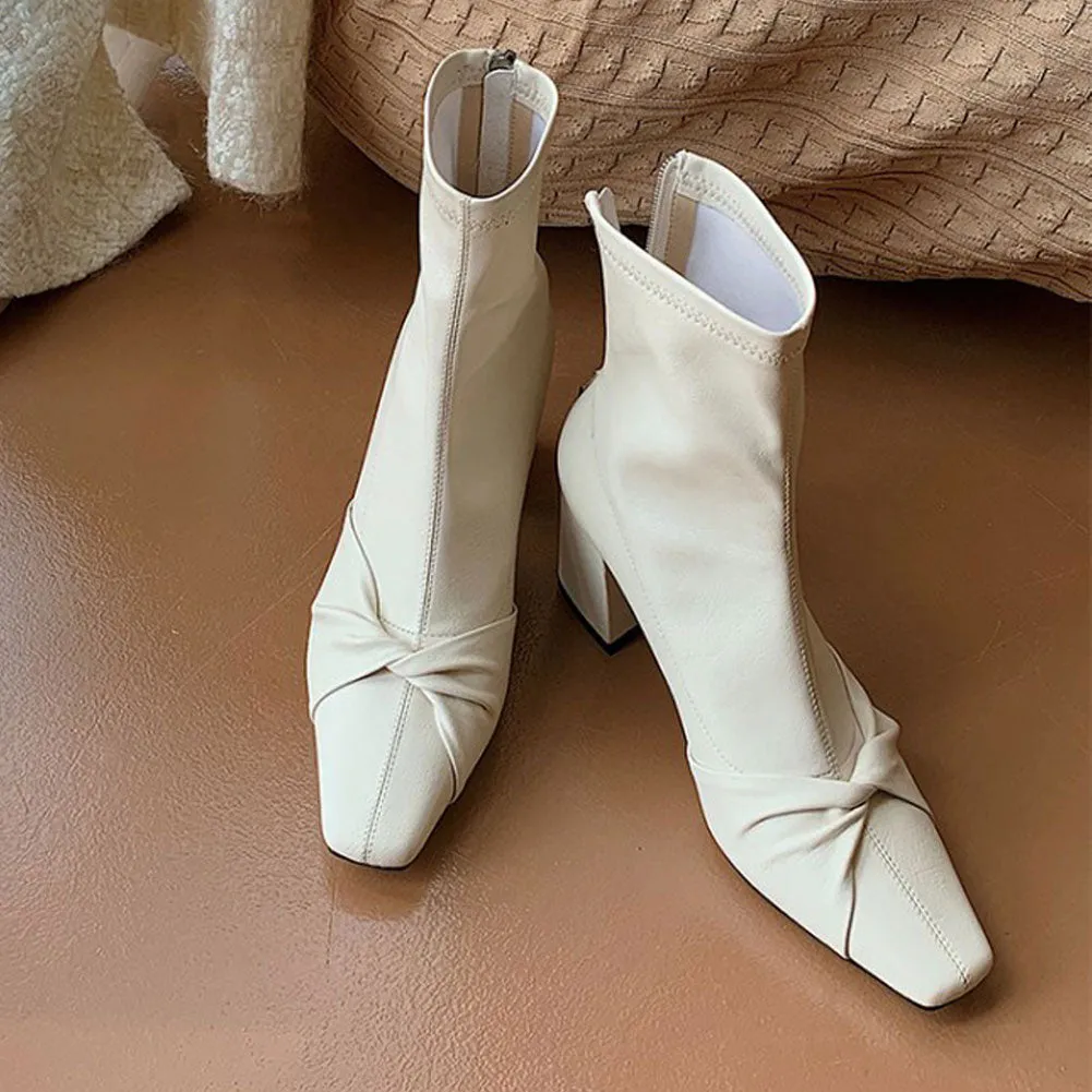 Ladies Square Toe Block Heel Ankle Boots Zip Up